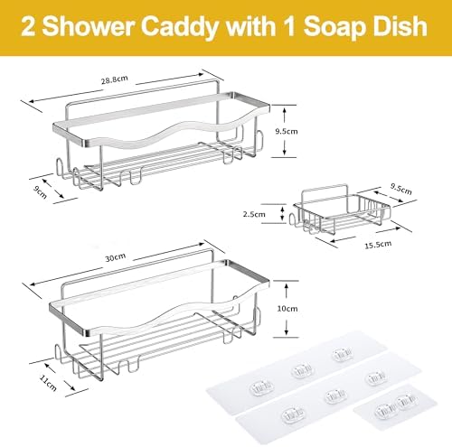 ALOCEO Duschablage ohne Bohren, 3 Stück rostfrei – Praktischer Dusch Organizer für Shampoo, Silber