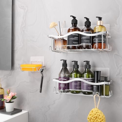 ALOCEO Duschablage ohne Bohren, 3 Stück rostfrei – Praktischer Dusch Organizer für Shampoo, Silber