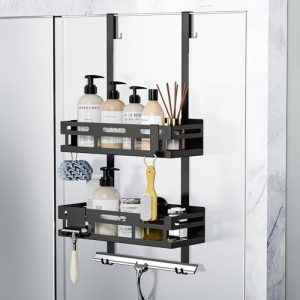 Duschablage ohne Bohren Schwarz - Praktisches Duschregal für Glasduschtüren mit 2 Körben, 4 festen Haken & viel Stauraum