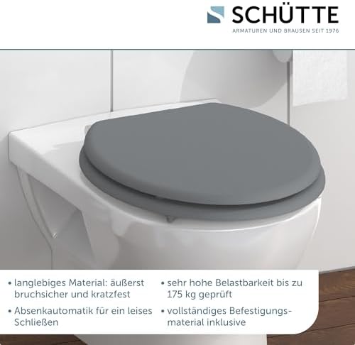 SCHÜTTE Holz WC-Sitz mit Absenkautomatik, eleganter Toilettendeckel für 175kg, graue Klobrille für modernes Badezimmer