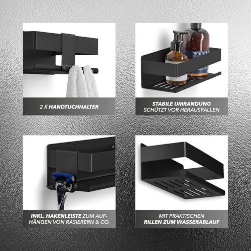 BENKSTEIN Duschablage 2er-Set | Duschregal zum Kleben oder Bohren | Praktische Halterung für Duschgel & Shampoo in Ihrem