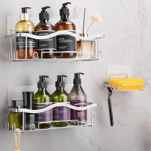 ALOCEO Duschablage ohne Bohren, 3 Stück rostfrei – Praktischer Dusch Organizer für Shampoo, Silber