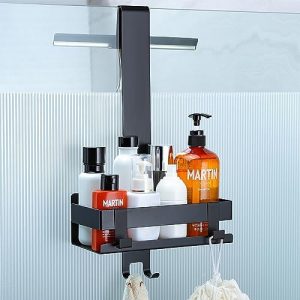 Edelstahl Duschablage Schwarz - Hängende Dusche Organizer mit Haken, bohrfreie Shampoo Halterung für Badezimmer