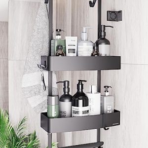 Schwarz Matt Duschablage zum Hängen - Duschregal mit Glasschutz & Haken für die Dusche ohne Bohren